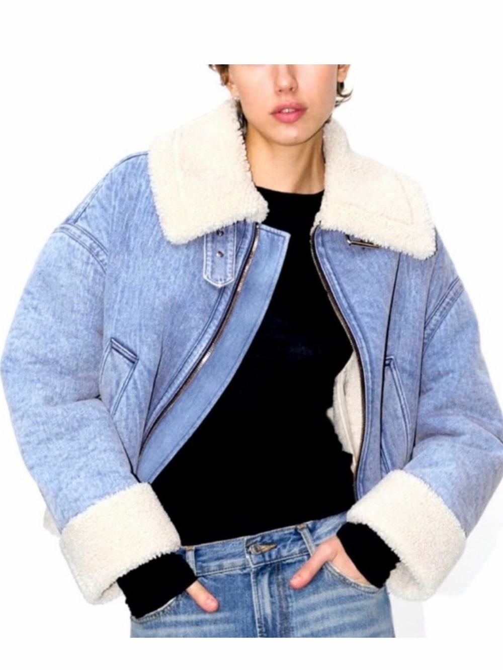 Zara Faux Shearling Denim Biker Jacket Size Medium COLLECTION